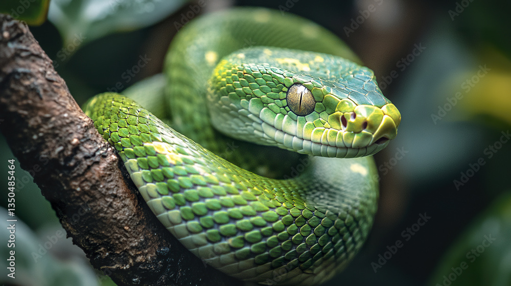 Close up of green snake coiled around tree branch Close up of green snake coiled around tree branch