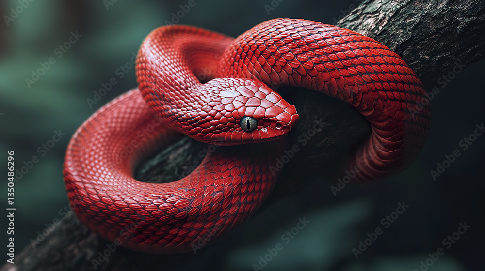 Obraz premium vibrant red snake coiled around tree branch in forest setting
