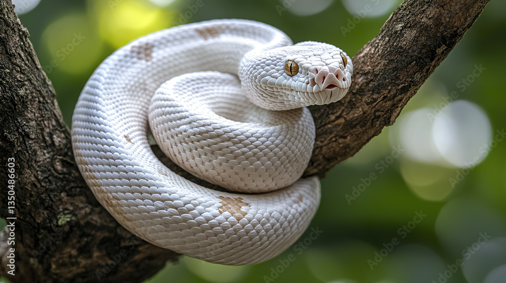 Fototapeta premium White snake coiled on tree branch in forest setting