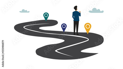 Success roadmap journey, milestone or career path achievement, route or pathway to achieve goals, accomplishment, assessment or way to success, businessman look at achievement milestone to success