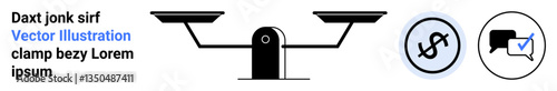 Balanced scale with two pans, dollar currency icon, and checkmark. Ideal for finance, ethics, comparison, negotiation, decision-making, legal topics simple landing page