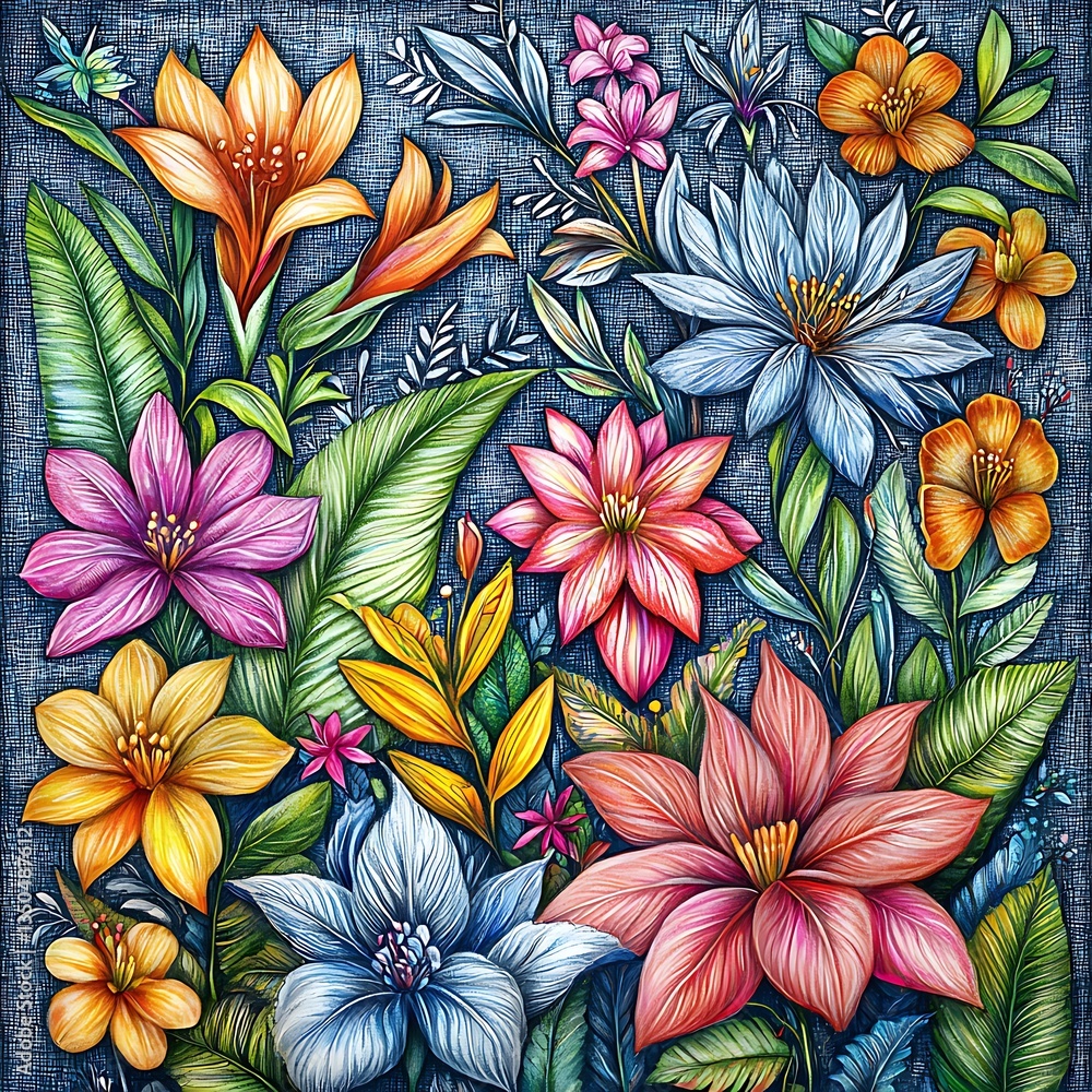 Vibrant floral artwork on blue canvas Vibrant floral artwork on blue canvas