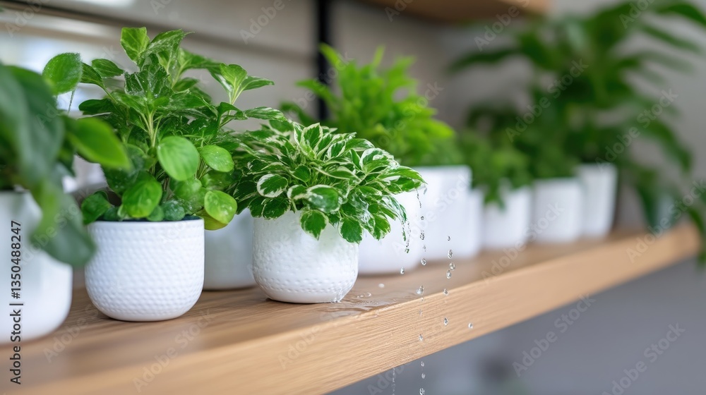 Fototapeta premium Potted plants on a shelf with water dripping
