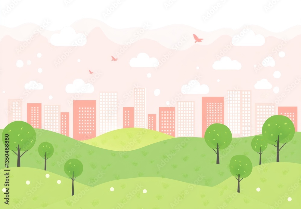 A vibrant illustration depicting city buildings and green spaces A vibrant illustration depicting city buildings and green spaces