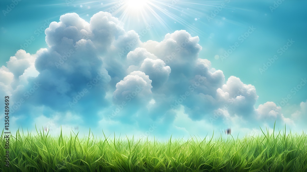 Obraz premium Bright sun shines above fluffy clouds over a field vibrant green grass.