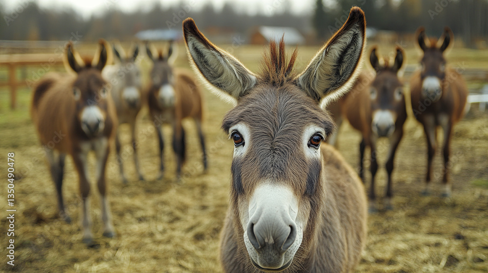 Curious donkeys gather in field, their eyes full of curiosity Curious donkeys gather in field, their eyes full of curiosity