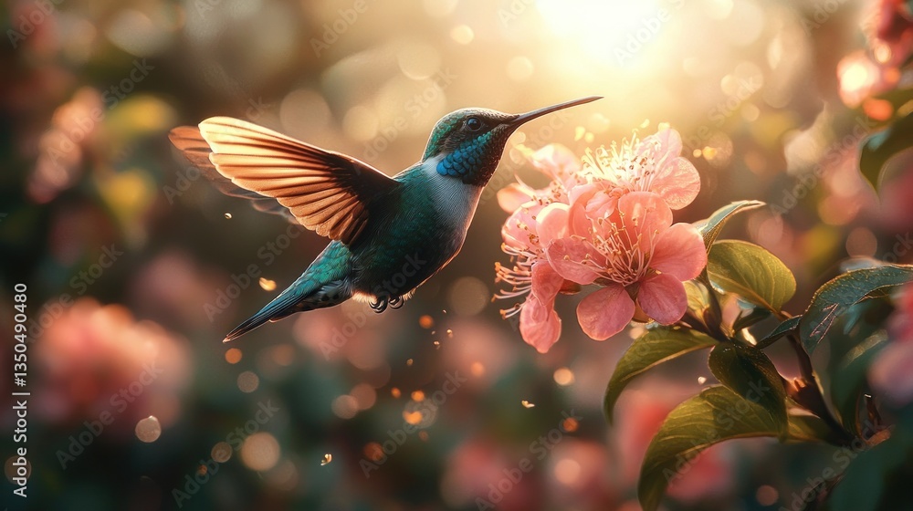 Fototapeta premium Hummingbird feeding on a pink flower at sunset