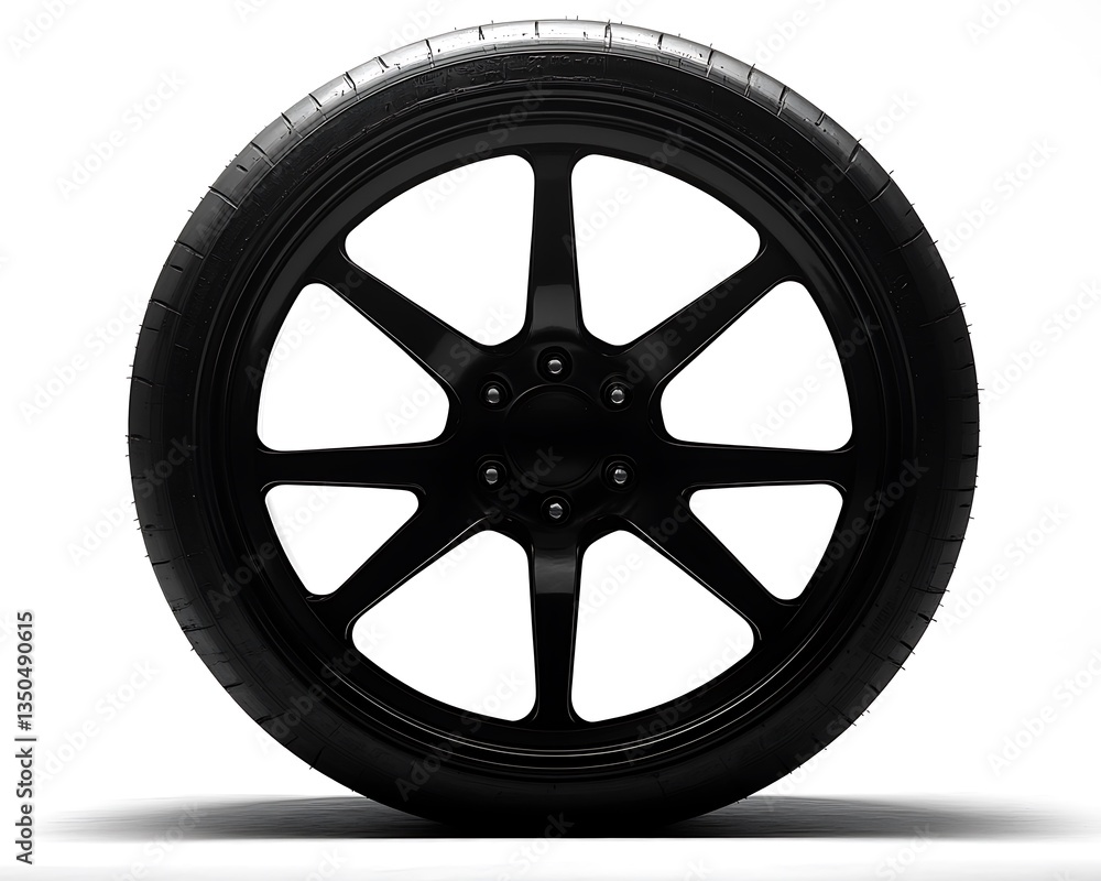 A black automotive wheel and tire displayed against white backdrop A black automotive wheel and tire displayed against white backdrop