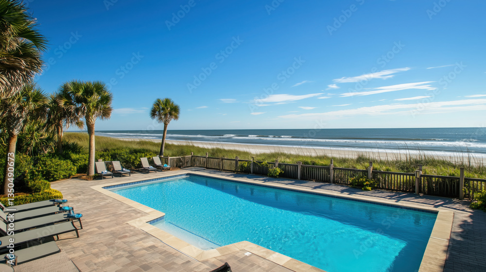 Obraz premium Elegant Oceanfront Pool with Deck Chairs and Panoramic Beach View on a Beautiful Sunny Day, Perfect for Relaxation and Leisure