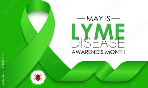 Vector illustration of lyme disease awareness month is observed every year in May. Promote measures to prevent tick bites. Green Realistic Ribbon and tick parasitic arachnid silhouette icon banner.