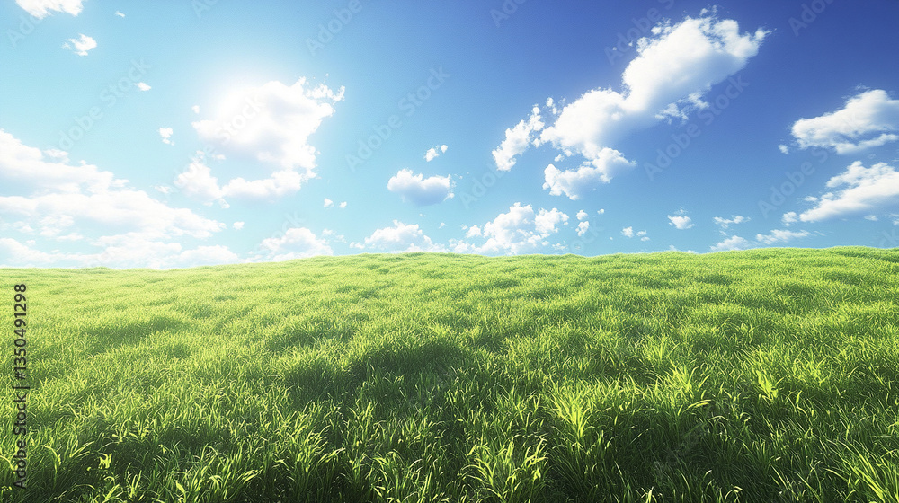 Fototapeta premium Vast green field under bright blue sky with soft clouds