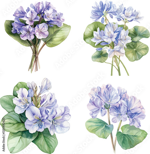 Watercolor Floral Set with Light Purple Petals and Green Leaves