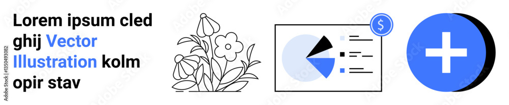 Floral sketch, financial chart with pie and coin, and blue plus sign. Ideal for finance, healthcare, analysis, data presentation, nature, savings simple landing page Floral sketch, financial chart with pie and coin, and blue plus sign. Ideal for finance, healthcare, analysis, data presentation, nature, savings simple landing page