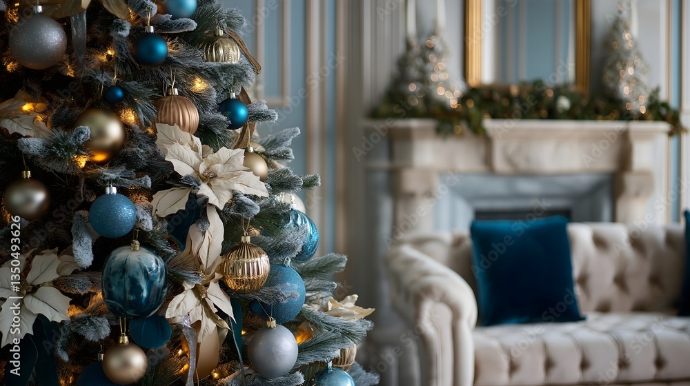 Fototapeta premium Festive Elegance: A beautifully decorated Christmas tree takes center stage in a sophisticated living room setting, adorned with an array of ornaments, creating a cozy holiday ambiance.