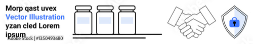 Three labeled jars on a shelf, a handshake symbolizing partnership, and a shield with a lock for protection. Ideal for topics on pharmacy, trust, security, partnerships, business, safety flat