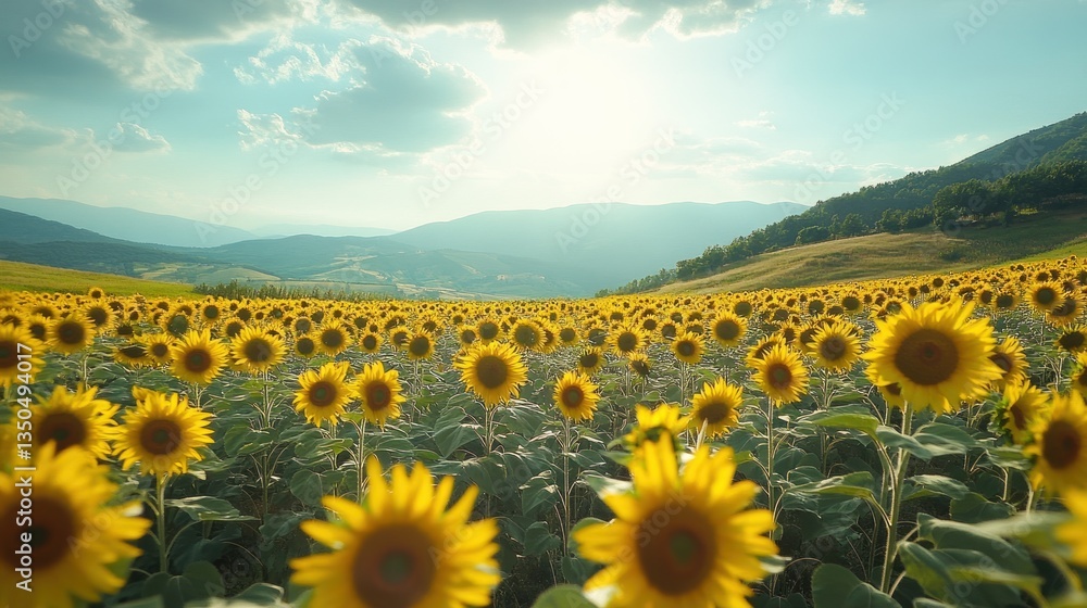 Obraz premium Sunflowers field, mountains, summer, scenic view