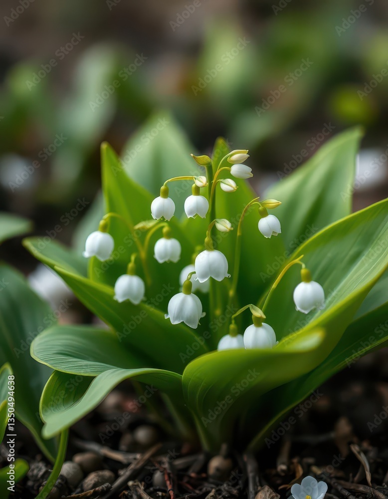 Delicate lily of the valley blossoms nestled amongst fresh green spring leaves on a soft, blurred background, white, vibrant Delicate lily of the valley blossoms nestled amongst fresh green spring leaves on a soft, blurred background, white, vibrant