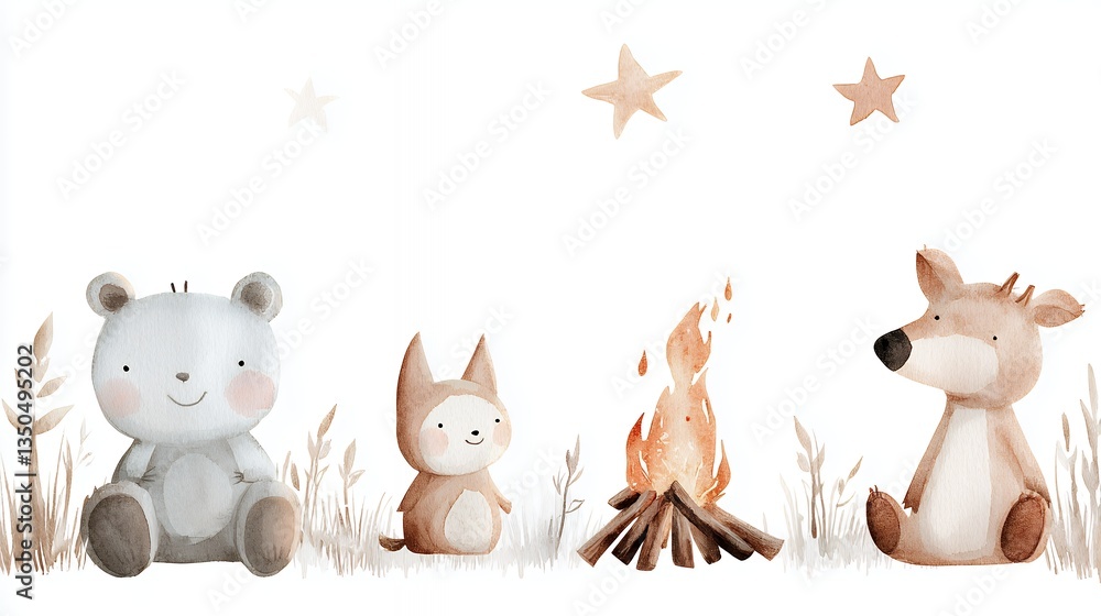 Naklejka premium Adorable Watercolor Animals Around Campfire Under Starry Night Sky