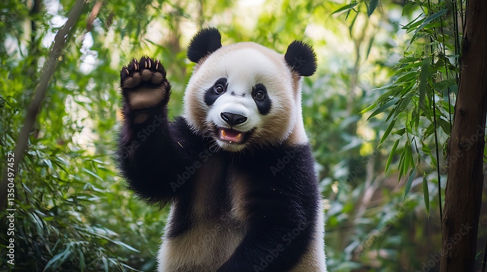 Playful panda waving hello in lush bamboo forest Playful panda waving hello in lush bamboo forest