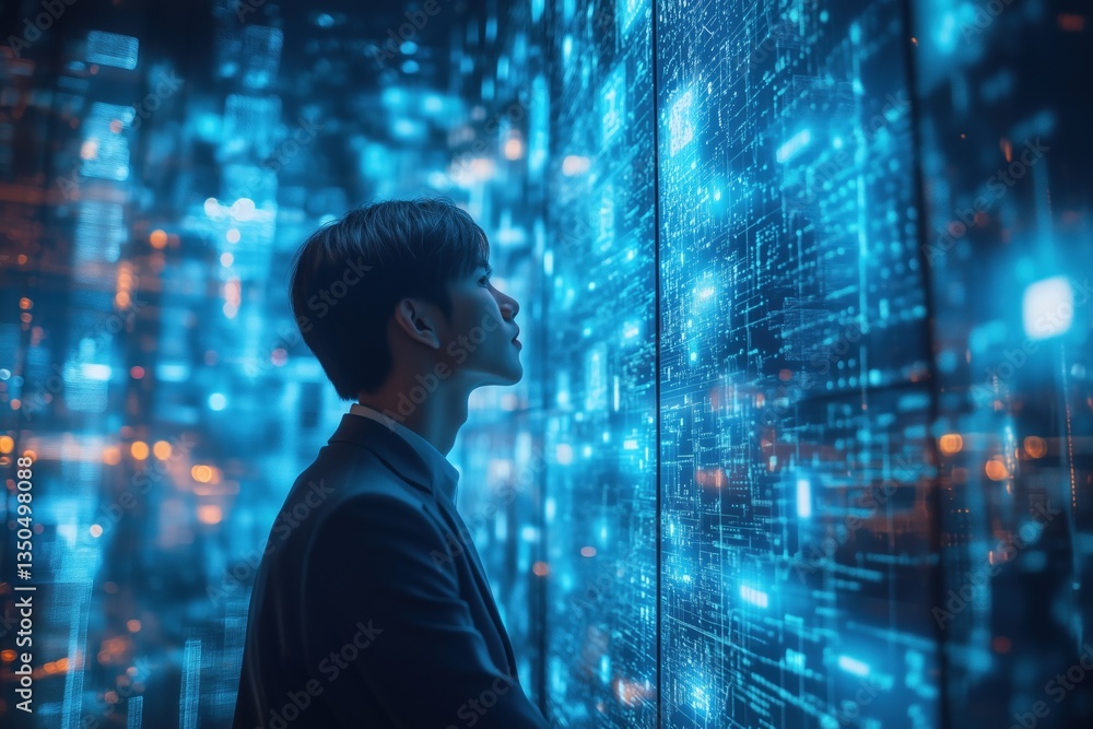A young man AI Architect in a suit stands in front of a futuristic digital display, illuminated by blue and neon lights, creating a high-tech atmosphere. A young man AI Architect in a suit stands in front of a futuristic digital display, illuminated by blue and neon lights, creating a high-tech atmosphere.