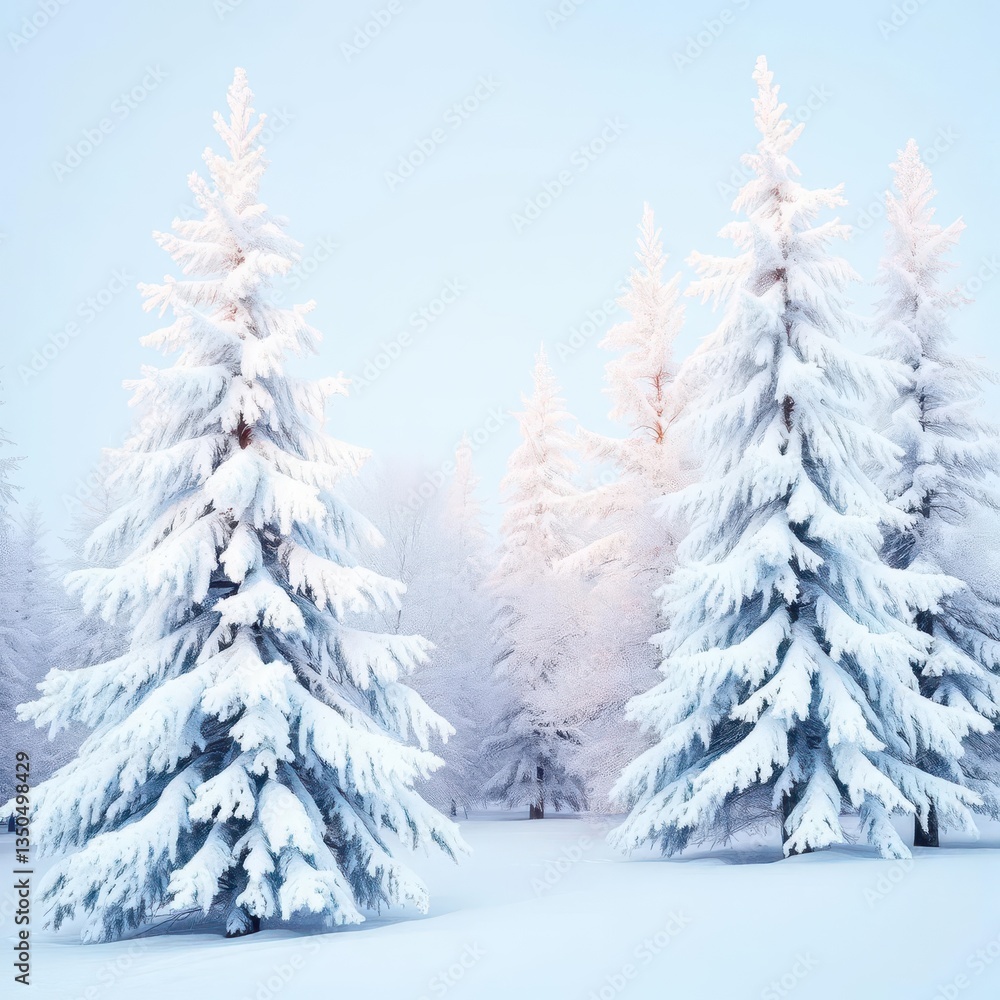 Naklejka premium Snowy winter wonderland, frosted trees on white background, snowscape, graphic, picture