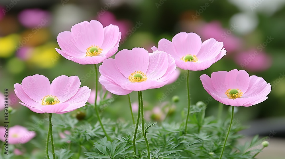 Fototapeta premium A close up image showing several pink flowers growing outdoors