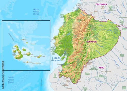 Detailed physical map of Ecuador