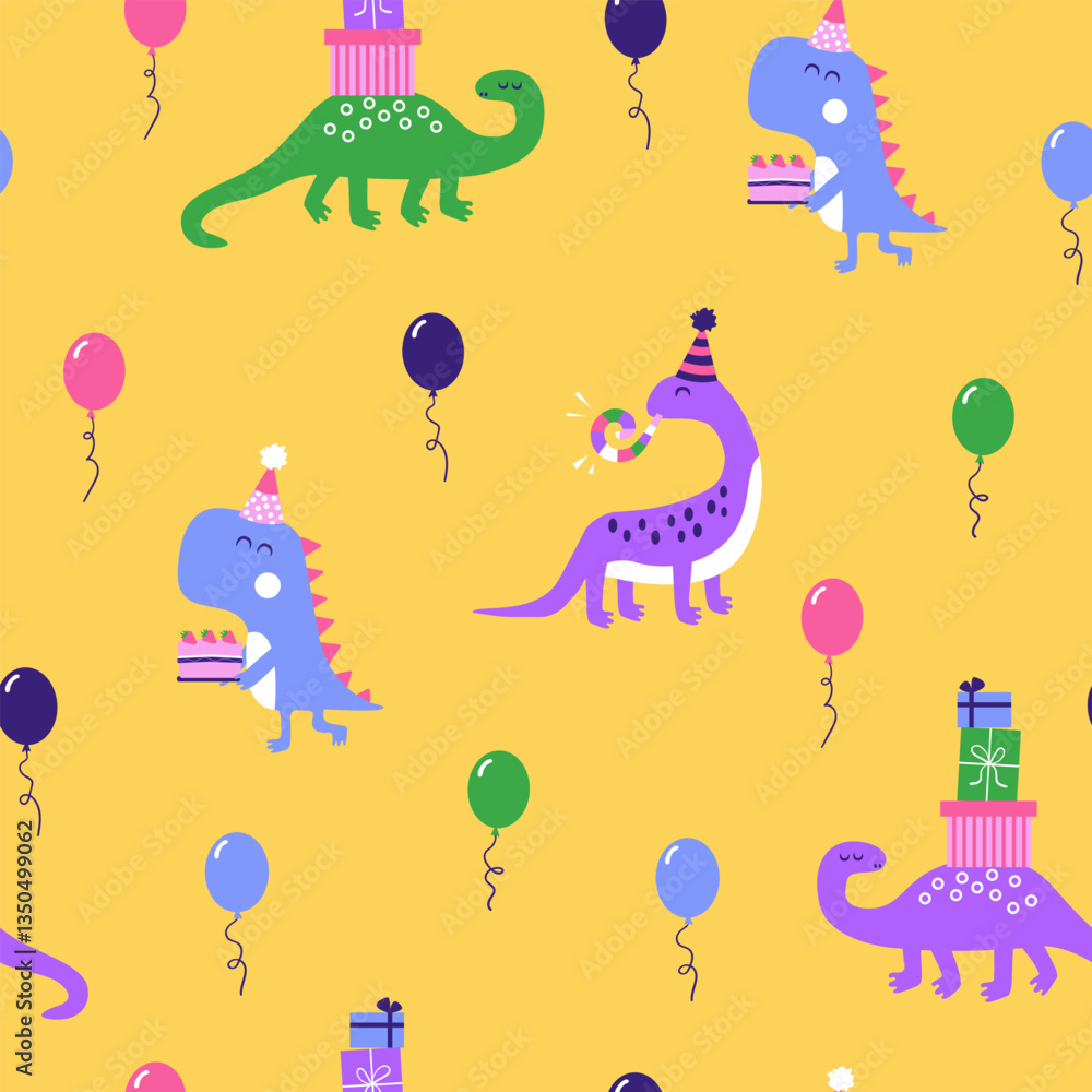 Fototapeta premium Birthday party seamless pattern. Dinosaurs with cakes, gifts, and balloons. Yellow background. 
