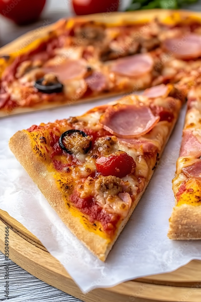 Delicious Ham and Sausage Pizza Slice Closeup Delicious Ham and Sausage Pizza Slice Closeup