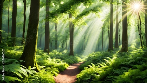 A sunlit path winds through a vibrant spring forest  bathed golden light morning sun. lush green ferns tall trees create a serene magical atmosphere.