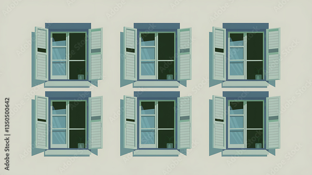 Fototapeta premium Light-filled windows with shutters a serene facade