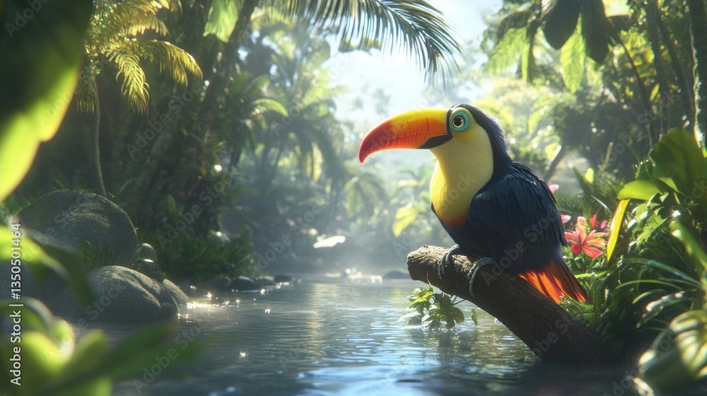 Fototapeta premium Colorful Toucan Perched on Branch Surrounded by Lush Tropical Rainforest and Stream