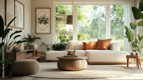 A bright and modern living room with nature inspired elements
