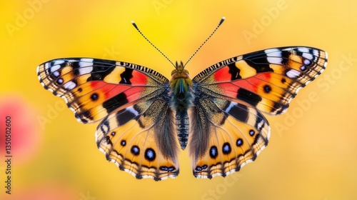 Colorful Butterfly with Intricate Patterns Resting against a Bright Yellow Background in Nature