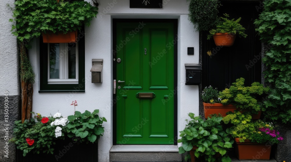 Vibrant green door framed by lush greenery and colorful planters adorns a whitewashed facade Vibrant green door framed by lush greenery and colorful planters adorns a whitewashed facade