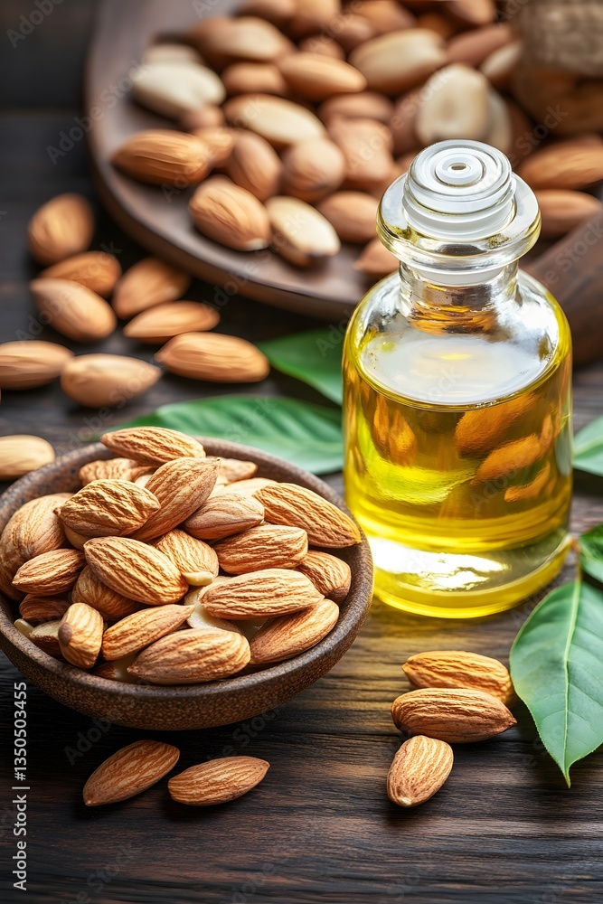 Almonds and Almond Oil in Glass Bottle on Wooden Background Almonds and Almond Oil in Glass Bottle on Wooden Background