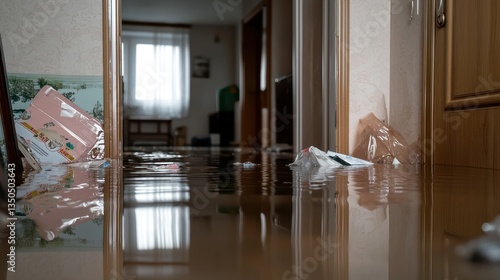 Flooded household interior with reflection of water damage and hazardous conditions following a natural disaster like a heavy storm or flood