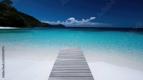 Tranquil beach scene with a wooden dock leading to turquoise water. Lush green hills line the horizon.  A pristine white beach meets the vibrant blue sea