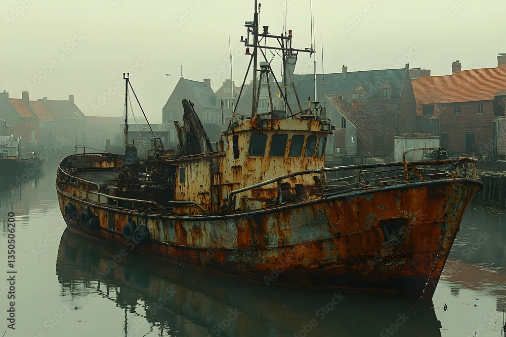 Obraz premium Rusty Fishing Boat Docks in Foggy Harbor