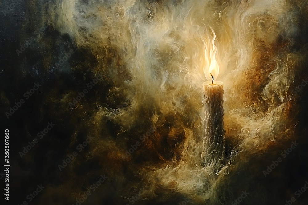 Fototapeta premium A single burning candle illuminates dark and mysterious smoky ambience