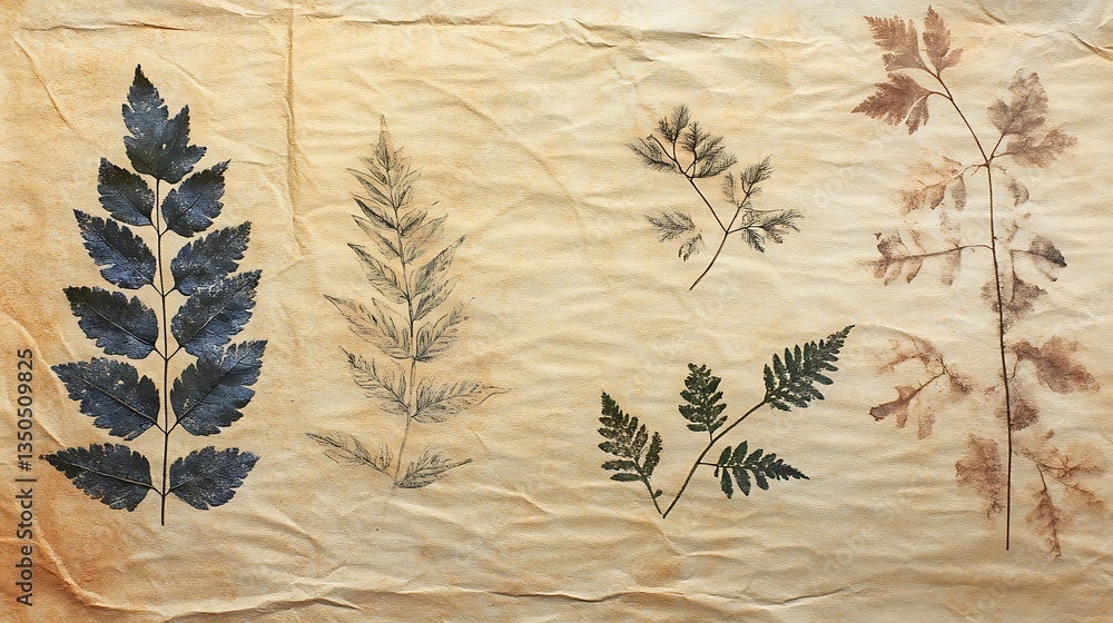 Naklejka premium Pressed fern leaves on aged paper