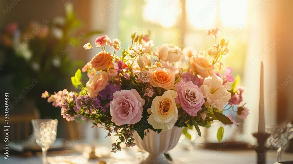 Obraz premium Luxurious floral centerpiece on elegant dining table in sunlit room