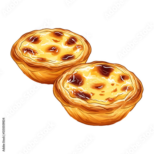 Pastel de Nata Portuguese Influence. A watercolor vector design of Pastel de Nata, the famous custard tart with a flaky golden crust and a slightly burnt caramelized top