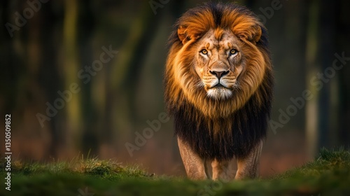 Majestic Male Lion Staring Intently in a Vibrant Natural Habitat Surrounded by Lush Greenery