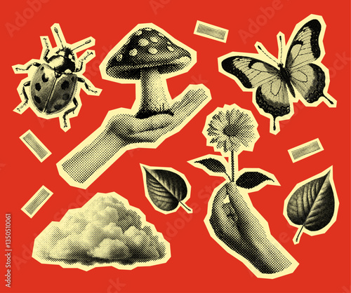 set of nature elements, retro halftone effect style, flower, mushroom, leaf, cloud, ladybug, butterfly, vintage photocopy collage illustration