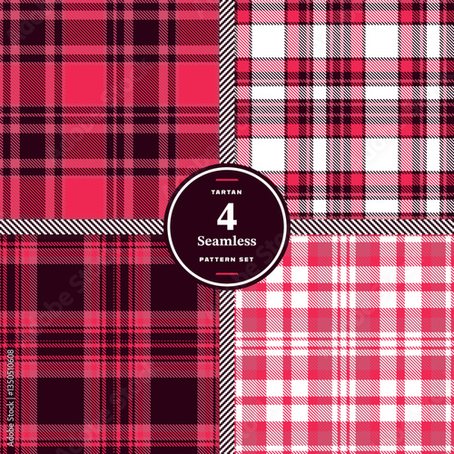 Modern Seamless Tartan featuring Cream Bisque and Traditional Madras Red Fabric Design Set of 4