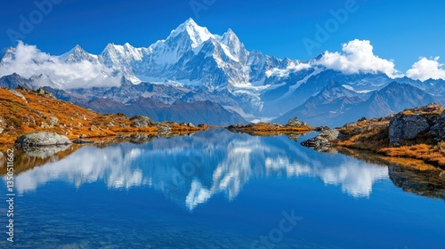 Majestic mountain reflected in serene alpine lake