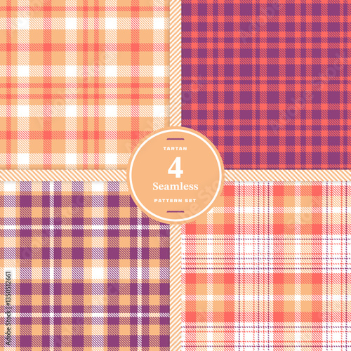 Modern Seamless Tartan featuring Cream Bisque and Warm Tangerine Fabric Design Set of 4