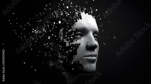 Fragmented mind: An artistic grayscale portrayal of a human face dissolving into abstract pixelated fragments, symbolizing the complexity of the human mind and its inner workings.