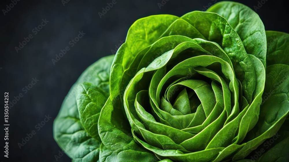 Obraz premium A close-up of fresh spinach leaves curled into a tight, elegant spiral, resembling a lush green rose